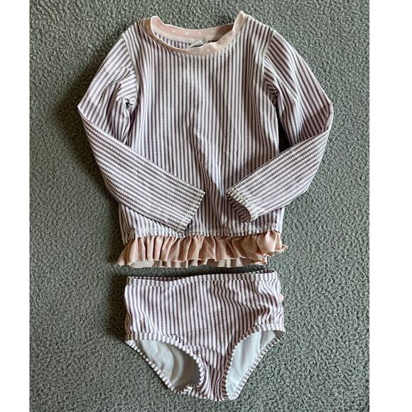 Ruffle Butts Swim Suit 4T Two Piece Long Sleeve Top Bikini Bottom Striped Purple - Picture 1 of 16